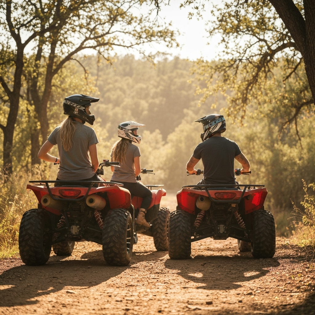 Group of ATV riders pausing on a trail, looking ahead at the scenery. The sunlight filters through the trees, creating dappled lighting. The riders are all wearing helmets and protective gear.