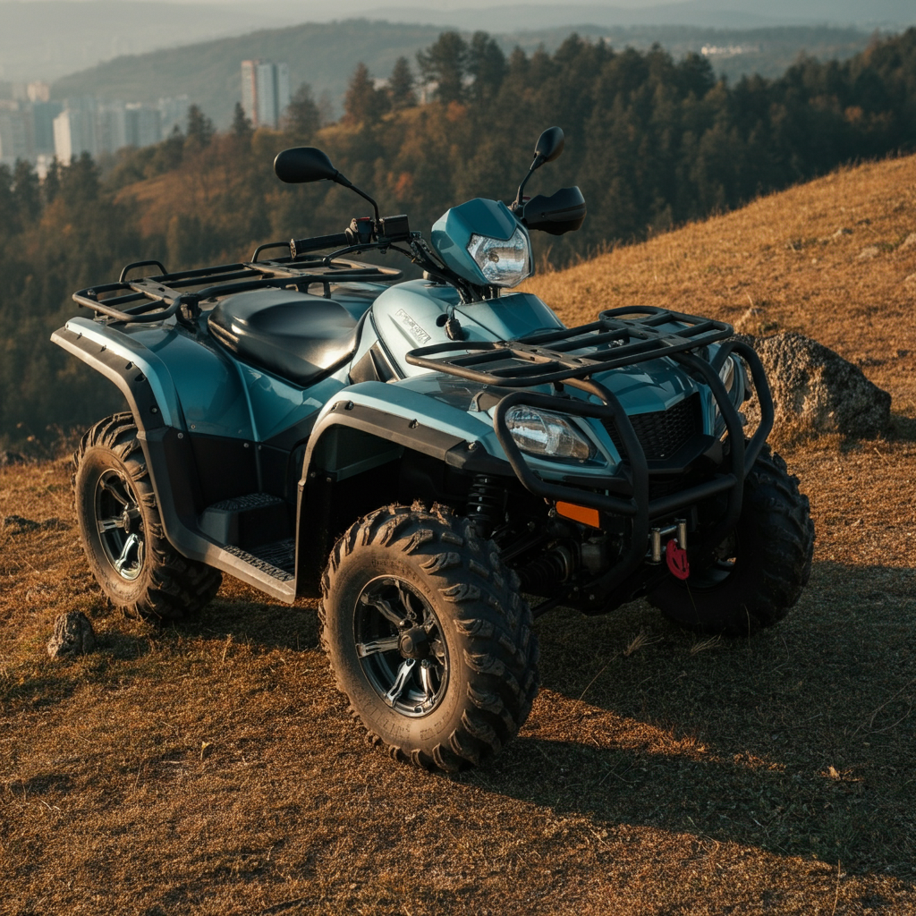 Slightly high-angle image of a stationary ATV parked on a moderate hill. The vehicle is angled slightly to the side. The scene is naturally lit and the background is slightly blurred.