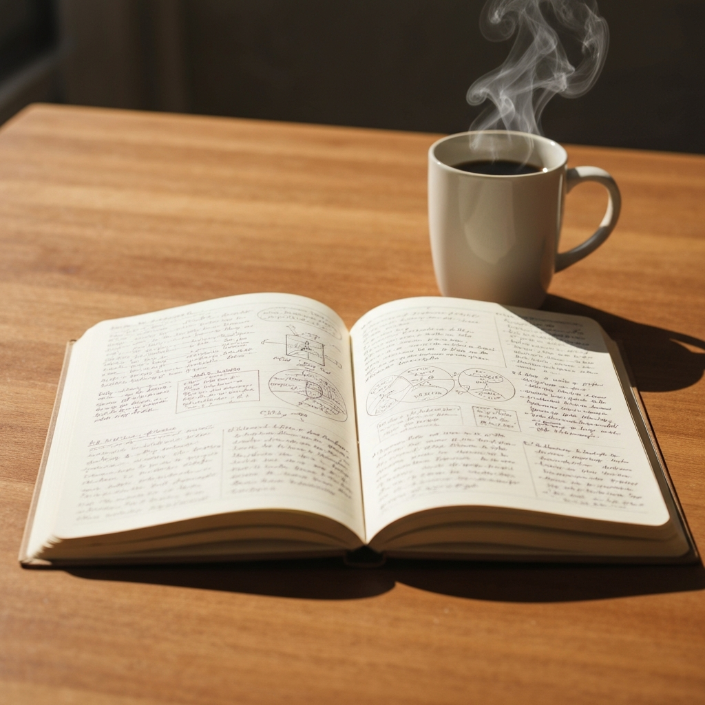 A notebook lying open on a wooden table, filled with handwritten notes and diagrams. A cup of coffee sits nearby, emitting a gentle steam. The lighting is warm and inviting.