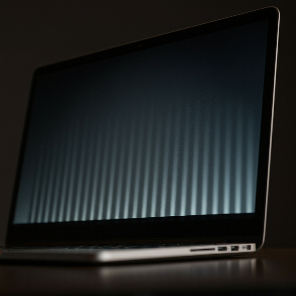 Close-up of a MacBook Pro screen displaying the "stage light" effect on a dark grey background. The vertical bars of light are clearly visible at the bottom edge. Soft, diffused lighting highlights the screen's texture.