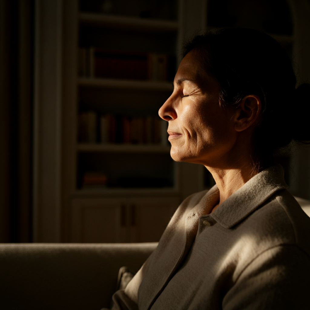 A parent taking a deep breath in a sunlit living room. The room is decorated with neutral tones and has soft, diffused lighting. The focus is on the parent's face, showing a calm and collected expression. A bookshelf with textured books is visible in the background, creating depth.