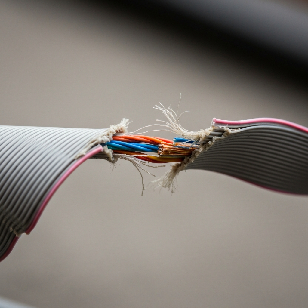A detailed macro shot of a damaged flexible ribbon cable. The cable is frayed and torn, revealing the internal wiring. The background is blurred, emphasizing the cable's delicate structure.