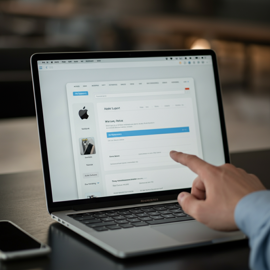 A MacBook Pro displaying the Apple support website on its screen. A hand is pointing at the warranty status section of the page. Soft, natural light illuminates the workspace.