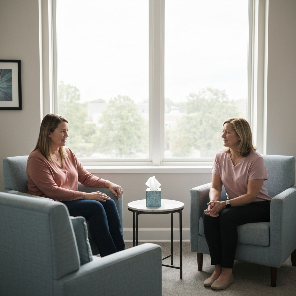 A therapist's office with soft, natural light filtering through the window. The office is decorated with calming colors and comfortable furniture. A box of tissues sits on a small table. The focus is on the peaceful and supportive environment.