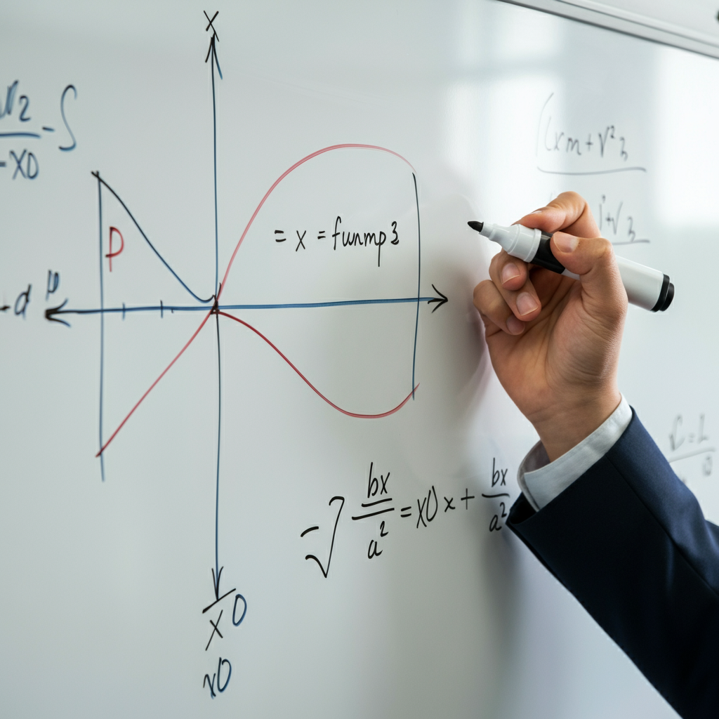 A hand draws a piecewise function on a whiteboard. The function has a clear jump discontinuity at x=0. The whiteboard is brightly lit, casting a soft glow on the marker strokes.
