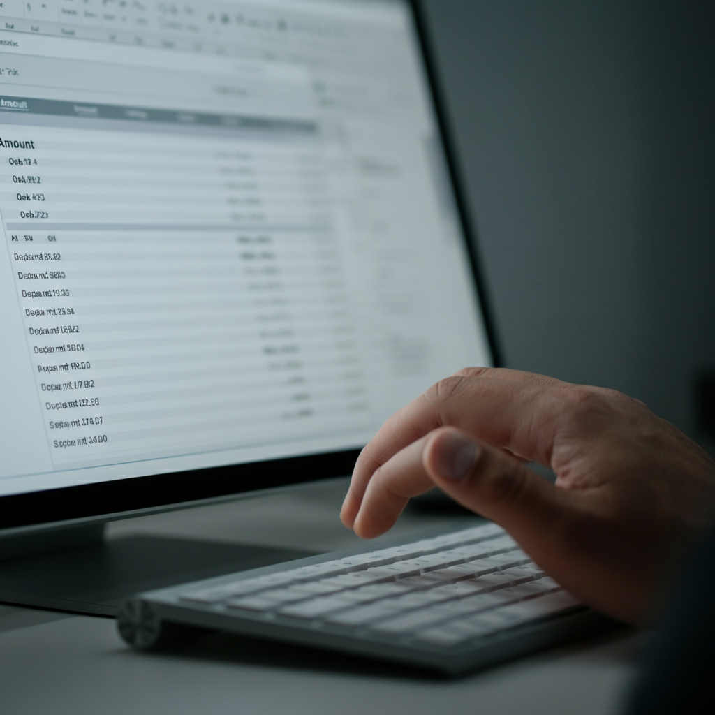 Close-up shot of the "Amount" column in the Excel spreadsheet. Soft side lighting reveals the subtle texture of the monitor screen. A person's fingers are poised above the number pad of a keyboard, ready to enter data into cell B3. The lighting creates a shallow depth of field, blurring the background slightly.