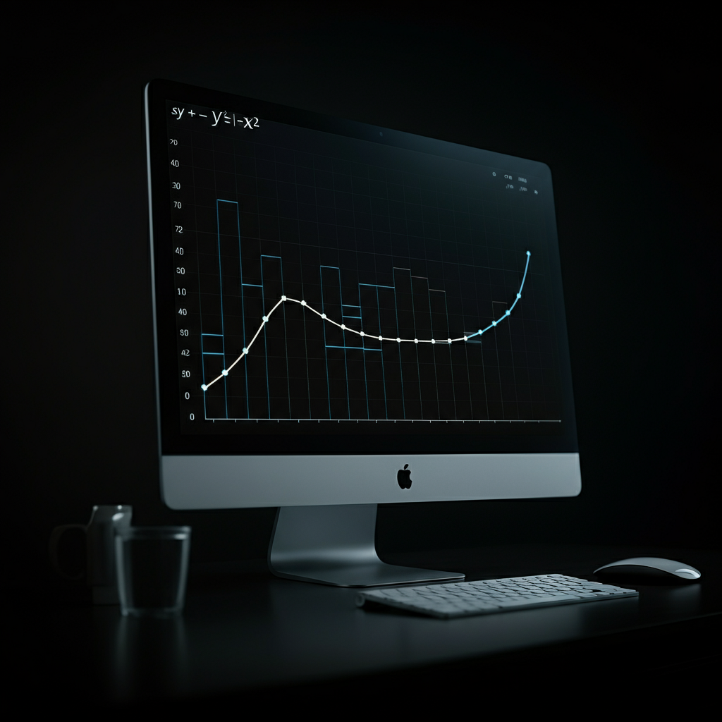 Close-up shot of a computer screen displaying a graph of y=1/x². The curve approaches the y-axis asymptotically, with bright highlights on the screen illuminating the texture of the monitor.