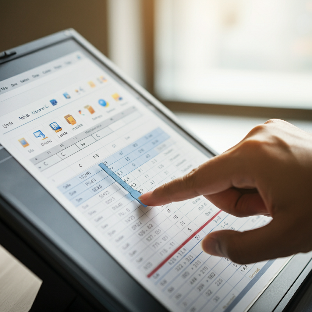 A slightly overhead shot of the Excel spreadsheet. A person's hand is clicking and dragging the fill handle (the small square at the bottom-right corner of cell C3) downwards, highlighting the cells in Column C. Soft, natural light streams in from a nearby window.