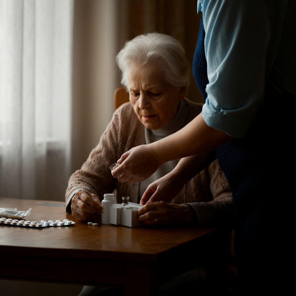 A person gently helping an elderly woman organize her medication pills on a wooden table next to a window with soft, diffused natural light.