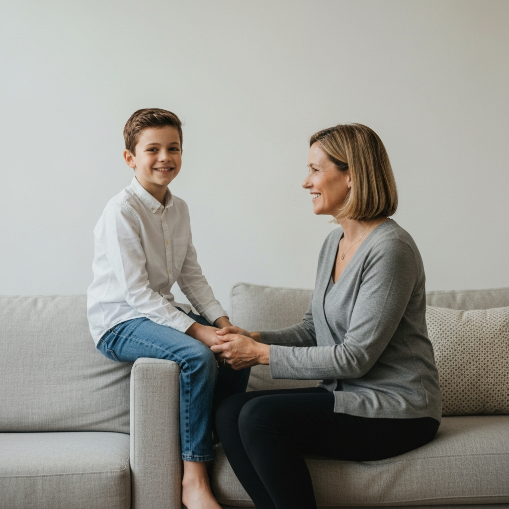 A son is sitting on the edge of his mother’s comfortable living room sofa, gently holding her hand and smiling warmly. The room has soft, inviting lighting.