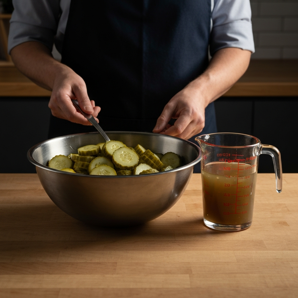 A stainless steel bowl filled with dill pickle slices sits on a butcher block counter. A glass measuring cup containing murky pickle brine is beside it, side-lit with soft studio lighting.