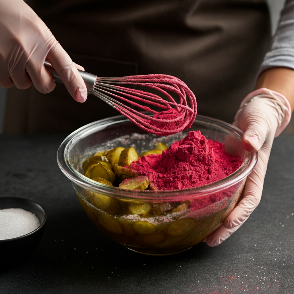 A close-up shot of a gloved hand using a whisk to combine red and purple Kool-Aid powder with pickle brine in a glass bowl. Fine sugar crystals are visible near the rim of the bowl.