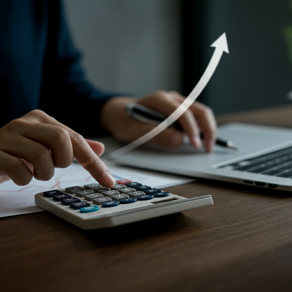 A person using a calculator on a wooden desk, with a graph showing exponential growth blurred in the background, soft bokeh.
