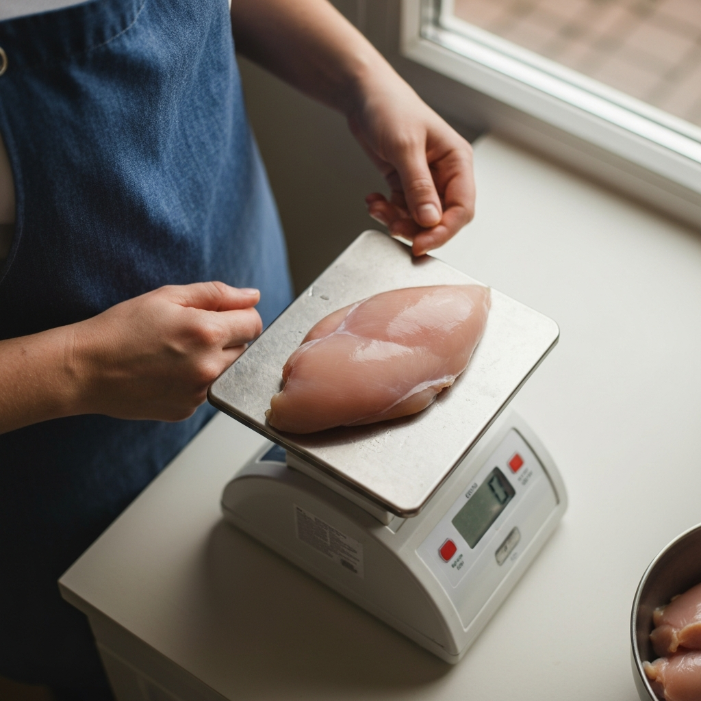 Overhead shot of a person using a food scale to weigh a portion of chicken breast, soft natural light from a nearby window, emphasizing the texture of the meat.