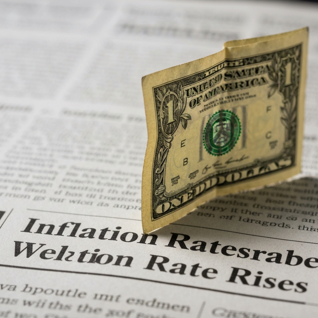 A wrinkled dollar bill, side-lit, showcasing its texture, placed on a newspaper headline reading "Inflation Rate Rises".