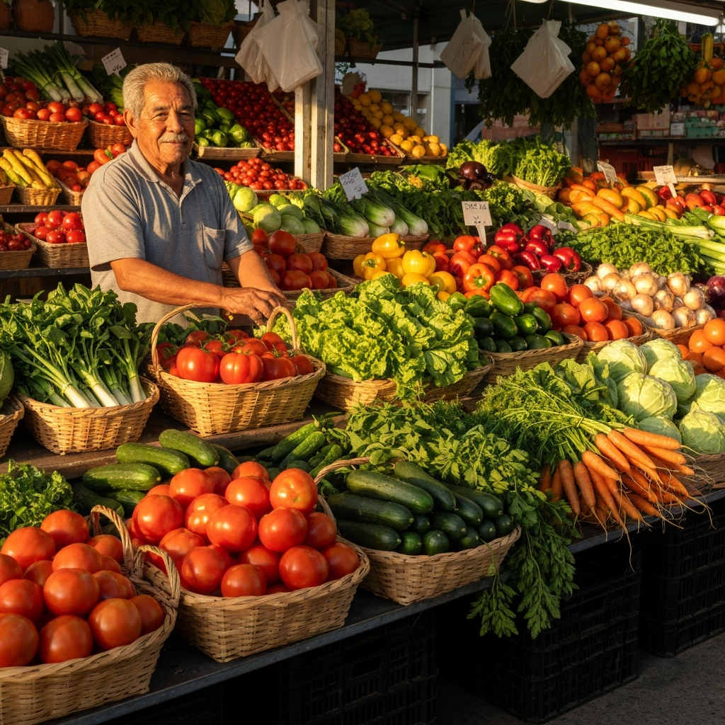 A farmer's market stall overflowing with fresh, brightly colored fruits and vegetables; golden hour lighting casts long shadows and emphasizes the textures of the produce.