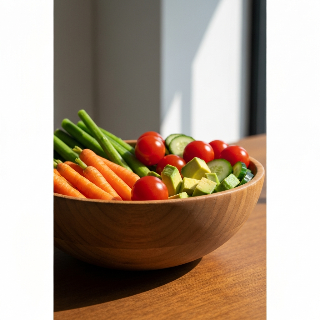 Close-up shot of a wooden bowl filled with a vibrant mix of raw vegetables: sliced carrots, cherry tomatoes, cucumber rounds, and avocado chunks. Side-lit, emphasizing the textures and colors of the produce.