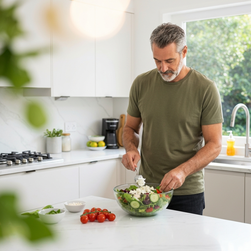 A person preparing a vibrant salad in a modern kitchen. They are adding crumbled feta cheese to a bowl filled with mixed greens, sliced cucumbers, and cherry tomatoes. The lighting is warm and inviting, with a soft bokeh effect in the background.