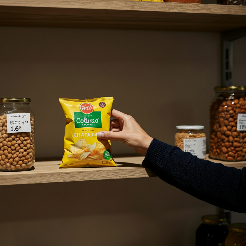 A hand reaching for a brightly colored bag of potato chips on a shelf stocked with healthy whole foods; the chips are slightly out of focus, emphasizing the choice being made.