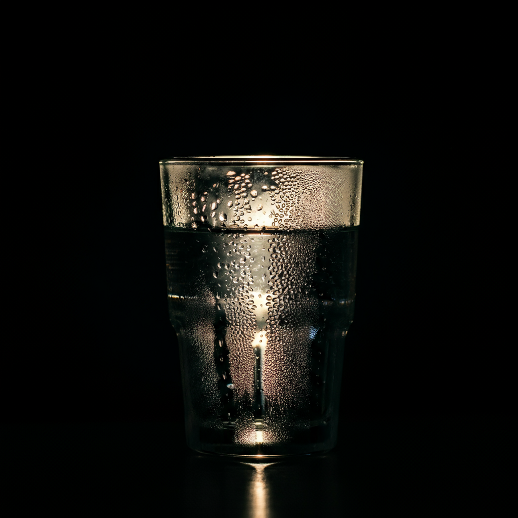 A glass of water with condensation droplets on the outside, backlit by natural light, creating a refreshing and inviting image.