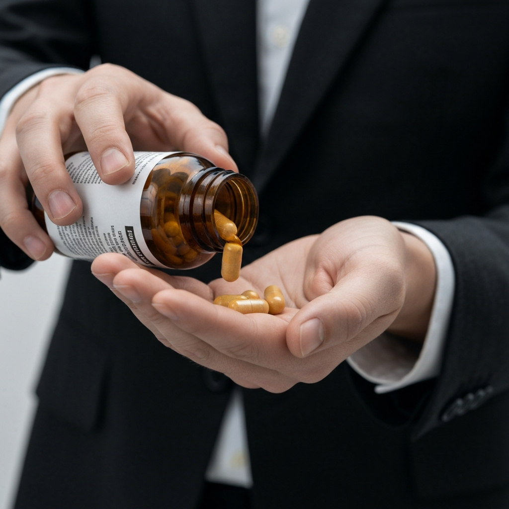 A hand gently pouring a multivitamin from a bottle into the palm; soft focus on the hand, with the bottle and pills in sharp detail.