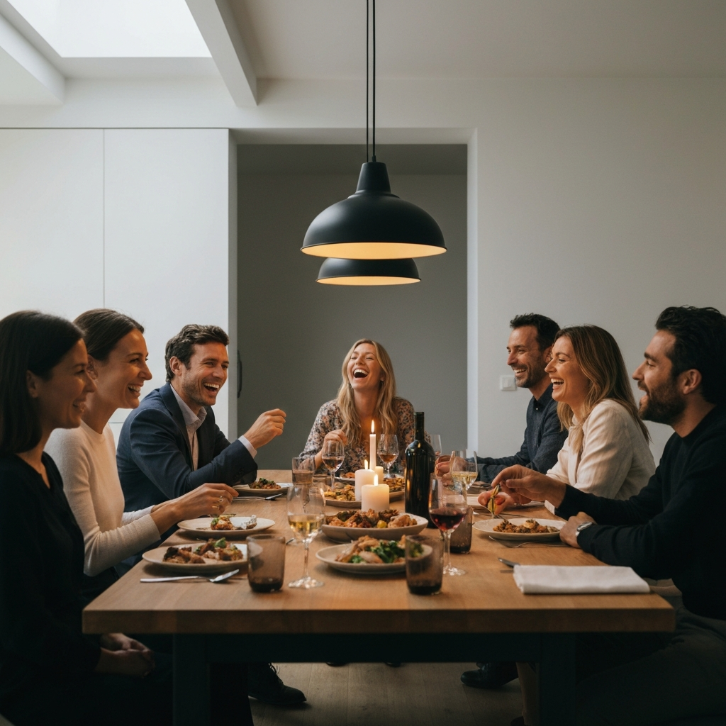 A group of friends laughing and enjoying a meal together around a dining table. The lighting is warm and inviting, with candles adding to the ambiance. The table is set with a variety of dishes, suggesting a shared meal.