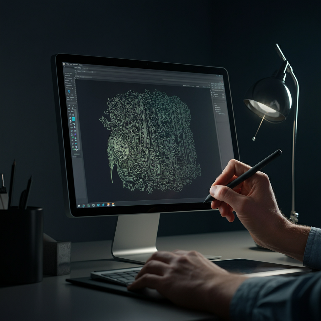 Close-up of a computer screen displaying a detailed vector graphic design for laser engraving. A hand hovers over a graphic tablet pen. The room is dimly lit, highlighting the screen's glow.
