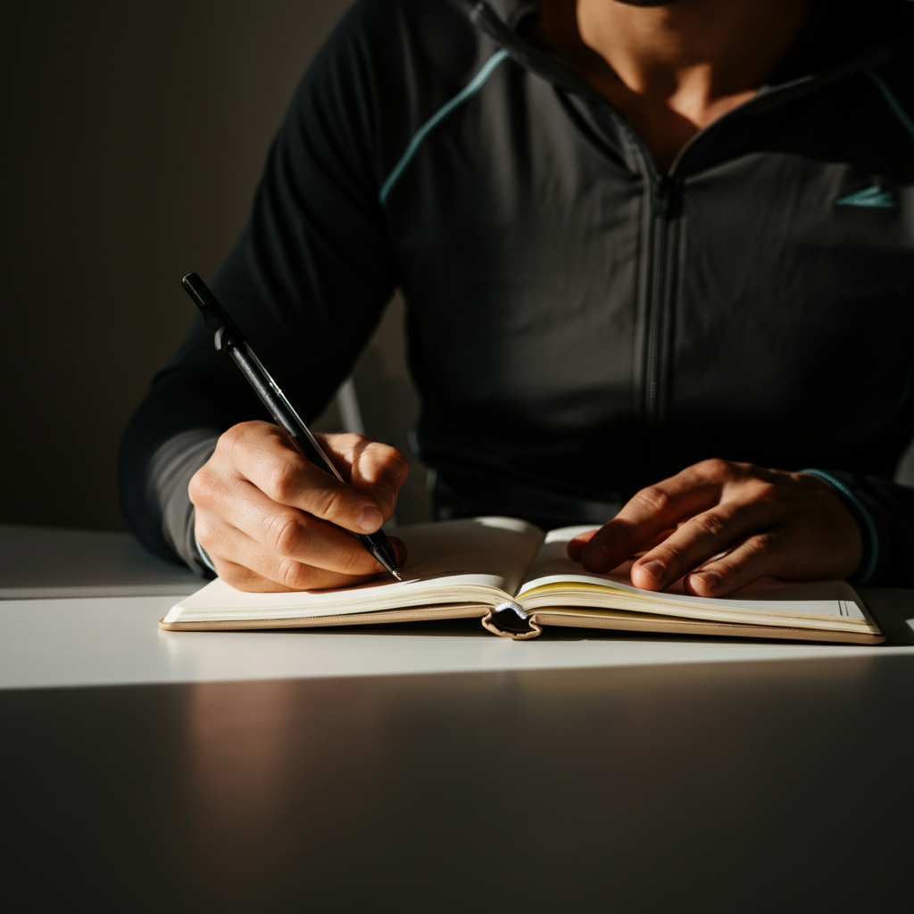 A person in athletic wear writing in a journal at a desk in a bright, minimalist home office. Soft, natural light fills the room. The journal is open and the pen is poised over the page. Focus on the texture of the paper and the natural light highlighting the subject’s face.