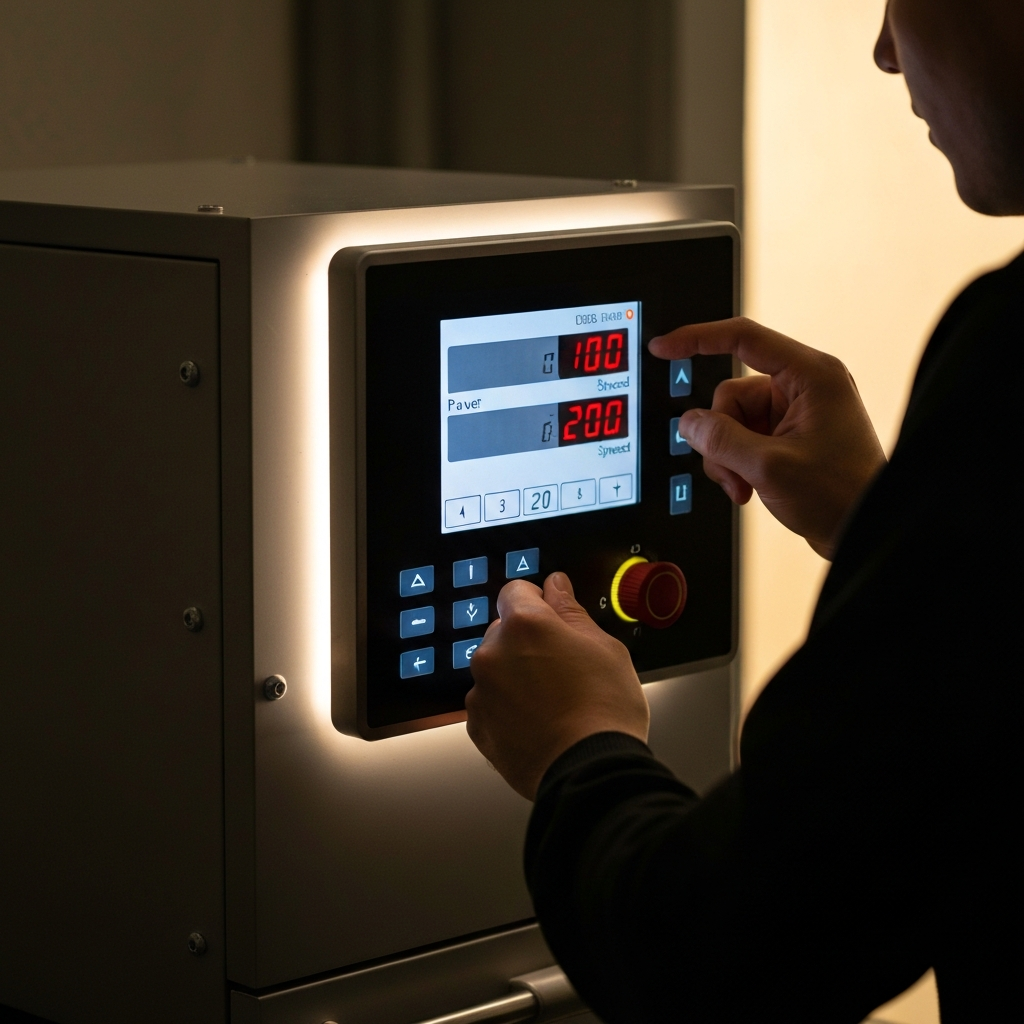 A person is adjusting settings on a laser engraver control panel. The panel features a digital display showing power and speed values. Soft side lighting emphasizes the machine's metal casing.