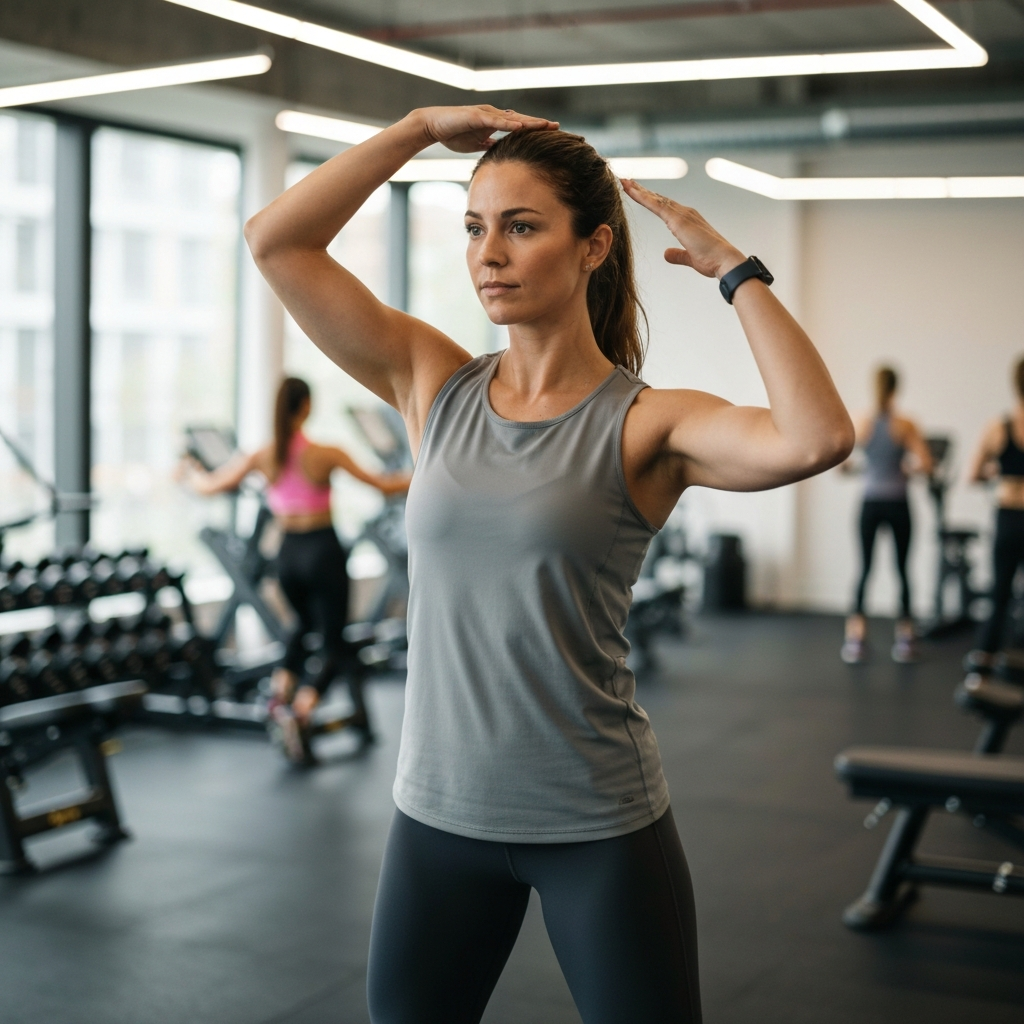A woman performing arm circles in a well-lit gym. She's wearing comfortable athletic clothing and has a focused expression. The gym is clean and modern, with soft bokeh showing other people exercising in the background.
