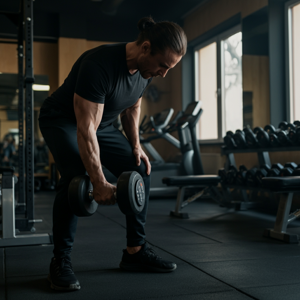 A person performing a dumbbell bicep curl in a gym setting. Good posture and controlled movement are emphasized. The gym is clean and well-equipped, with natural light coming through a window.