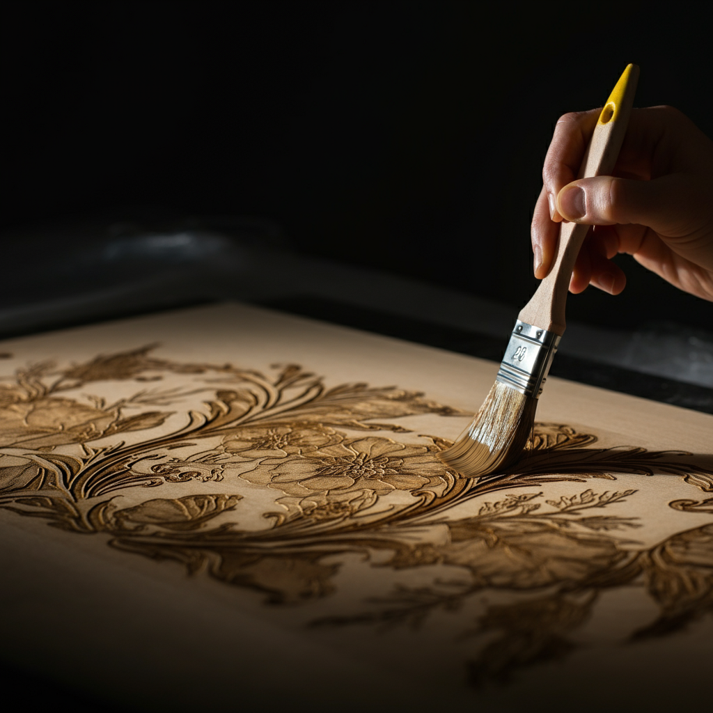 A finished laser-engraved wooden sign with a clear varnish being applied with a soft brush. The sign features intricate floral designs. Golden hour lighting creates warm tones.