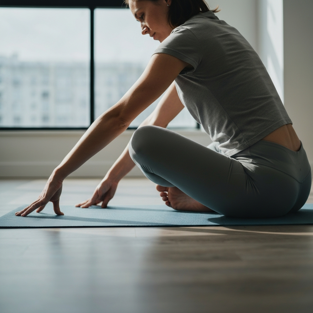 A person sitting on the floor, stretching their hamstrings. They are wearing comfortable workout clothes. Focus on the relaxed posture and the gentle curve of their spine. Soft lighting emphasizes the texture of the yoga mat.
