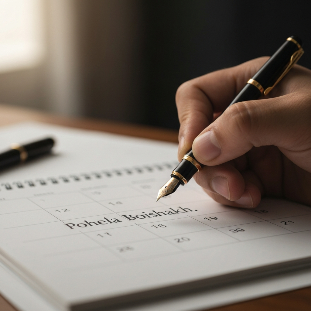 A close-up shot of a hand writing "Pohela Boishakh" on a calendar with a fountain pen. Soft, diffused lighting and shallow depth of field.