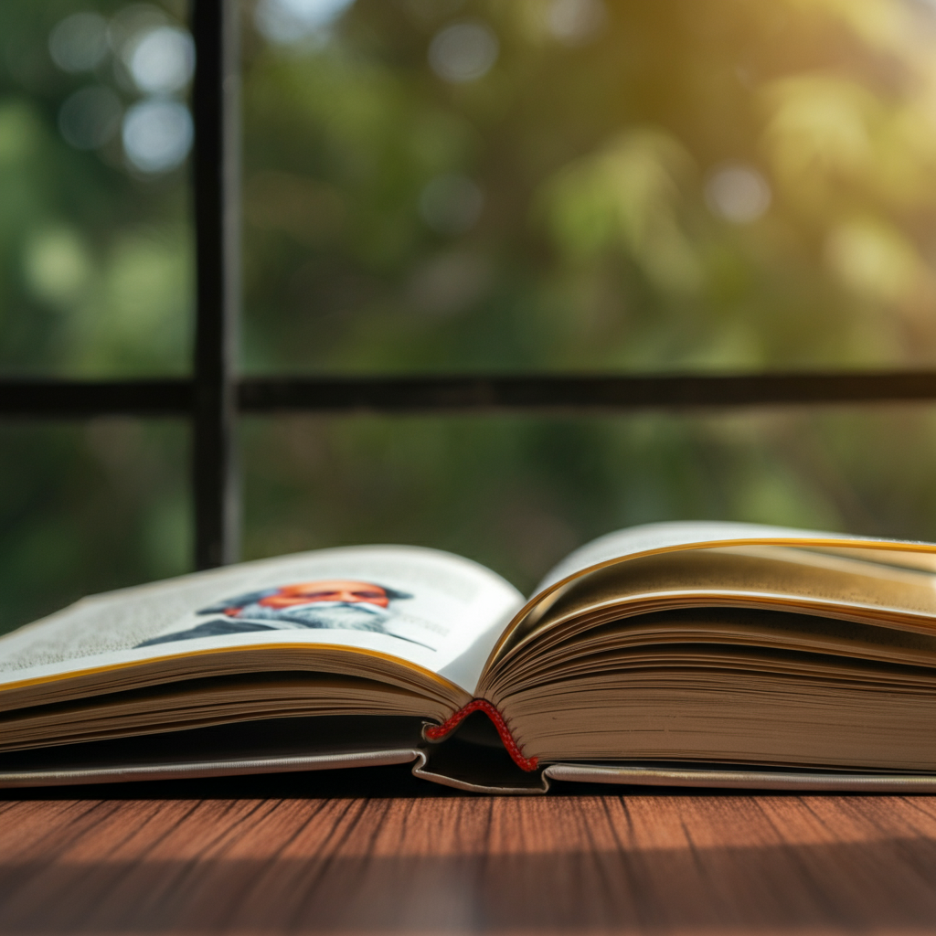 A book on Bengali history is opened to a page featuring a portrait of Rabindranath Tagore. Natural light streams from a nearby window, illuminating the page. The background is blurred.