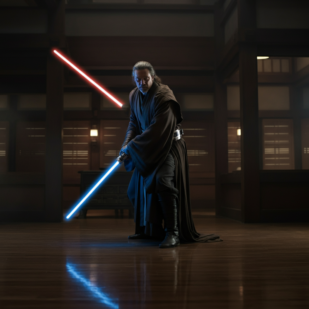 A lone figure in a dimly lit dojo, practicing the Makashi salute with a lightsaber, reflections of the blade dance on the polished wooden floor. Soft bokeh in the background, indicating depth of field.