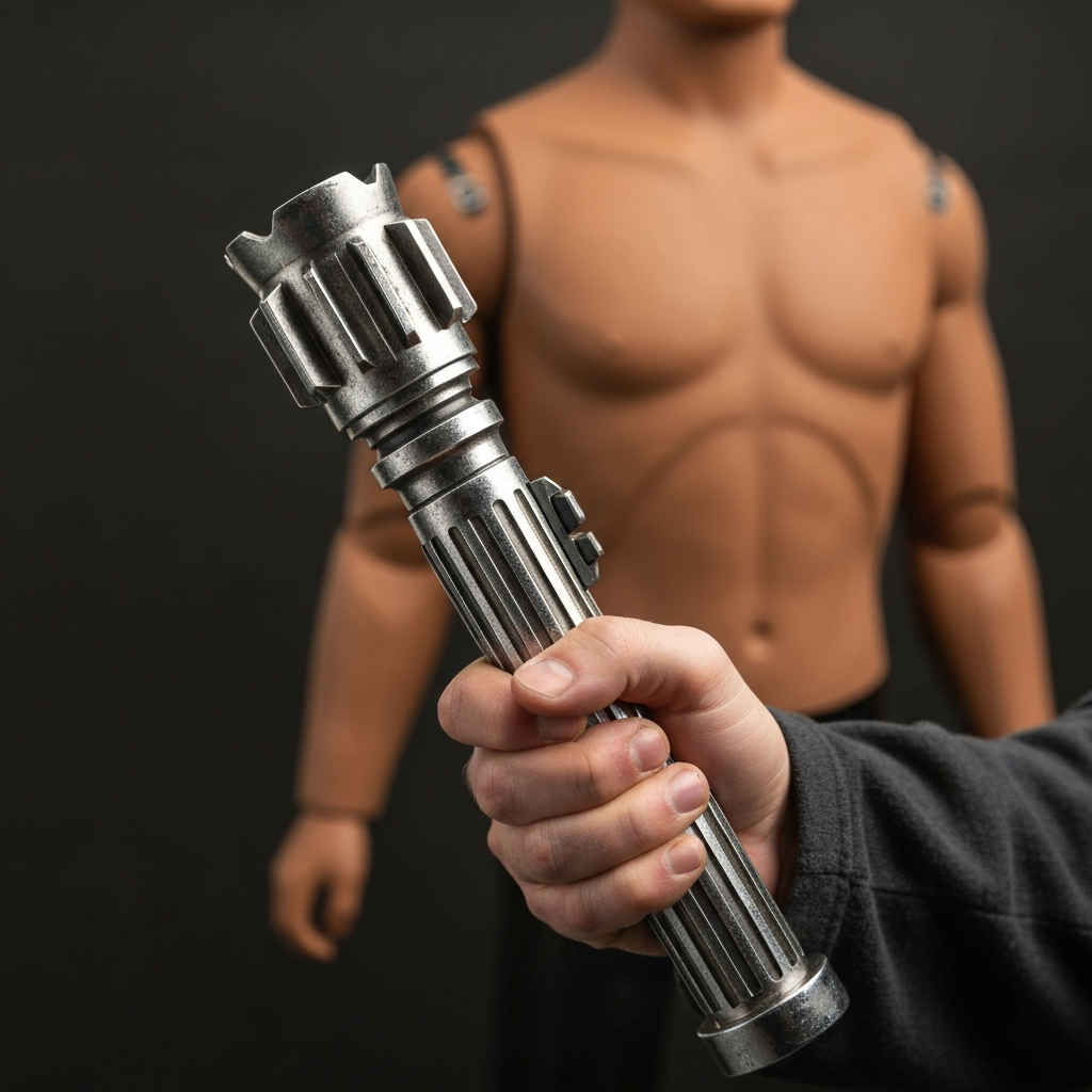 A close-up of a hand gripping a lightsaber hilt, the texture of the metal is detailed and worn. The background features a training dummy partially blurred out, indicating action.