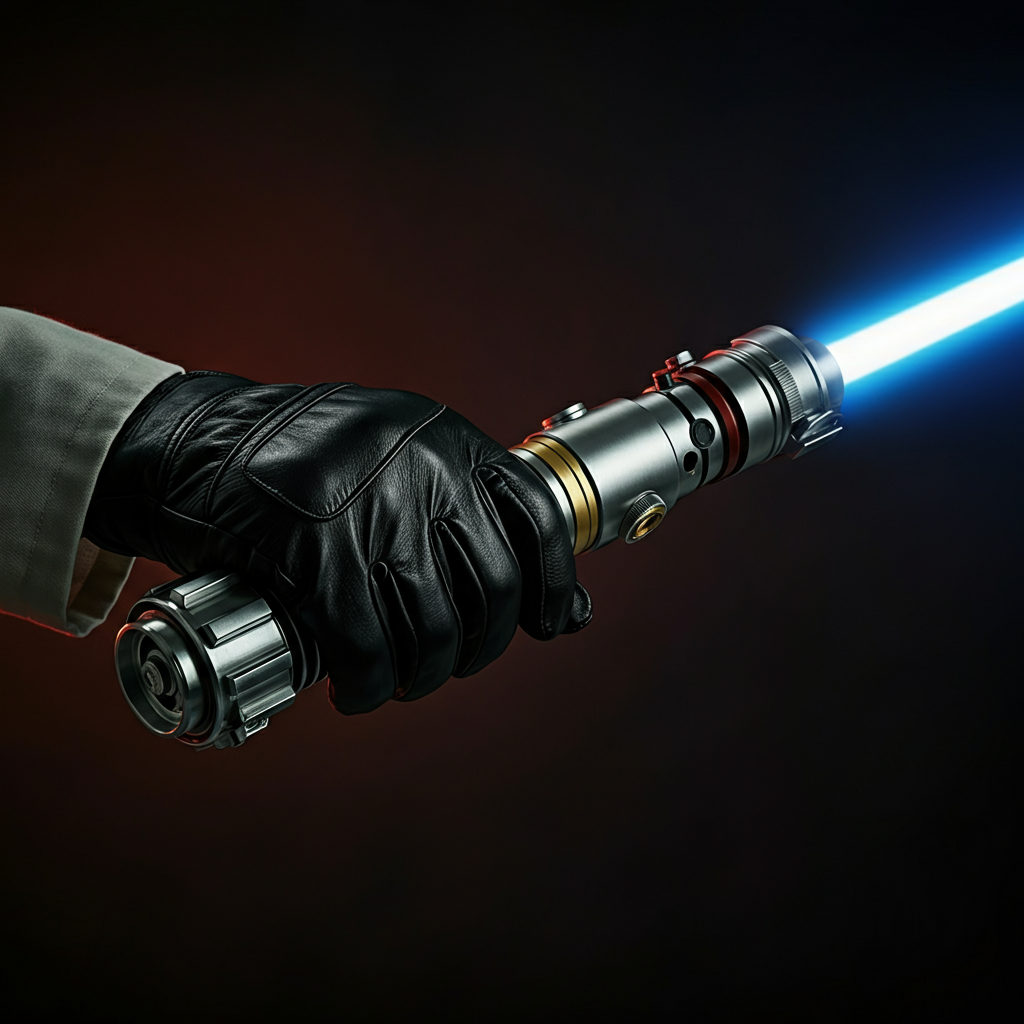 A close-up of a gloved hand tightly gripping a lightsaber hilt during a practice session. The studio lighting highlights the texture of the glove and the metallic surface of the hilt.