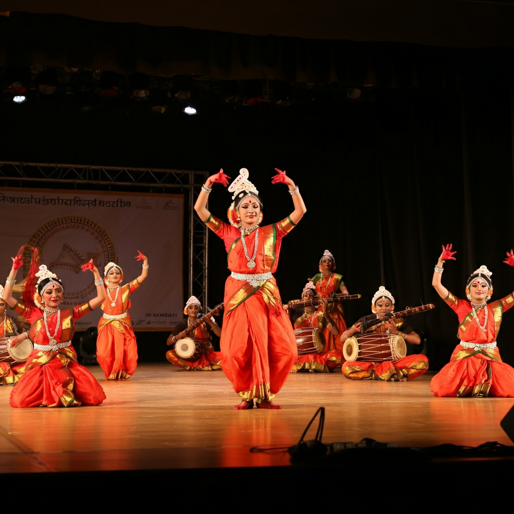 A group of dancers performing a traditional Bengali dance on a stage. Colorful costumes and traditional musical instruments are visible. The stage is well-lit.