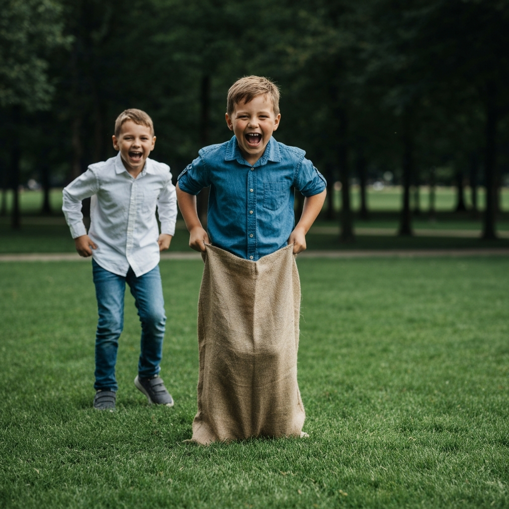 Children playing a sack race in a park. Laughter and excitement are evident on their faces. Natural daylight, slightly overcast.