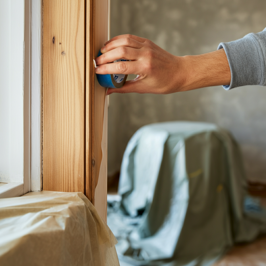 A close-up shot of a hand applying painter's tape to wooden trim around a window, with soft bokeh in the background showing the covered furniture and drop cloths.