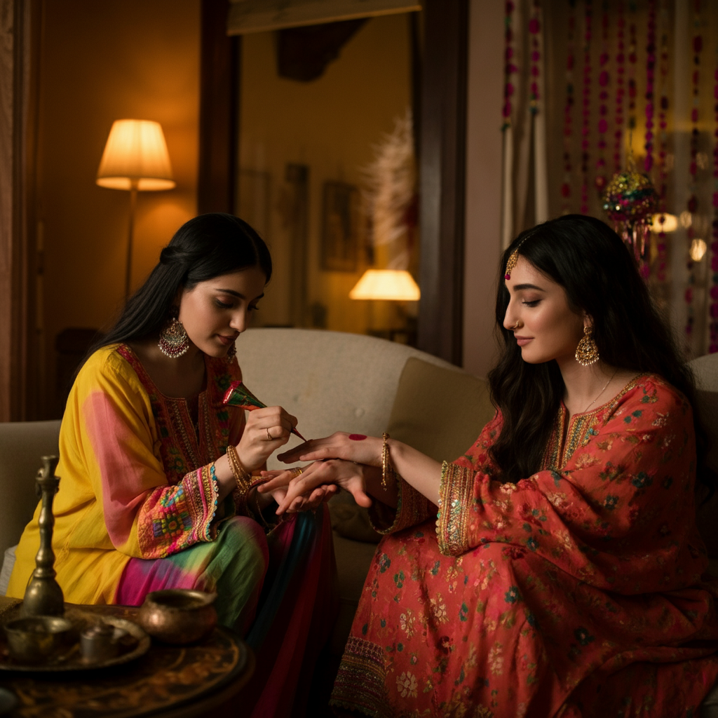 A woman in a brightly colored, traditional dress is applying henna to another woman's hand. The setting is a warmly lit living room, with soft bokeh on the background, featuring traditional decorations.
