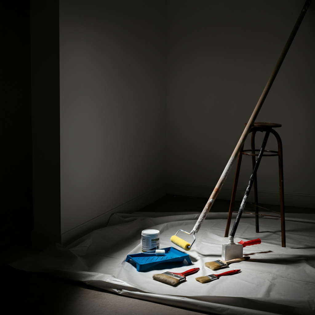A selection of painting tools neatly arranged on a drop cloth, including brushes, rollers, a paint tray, an extension pole, and a five-in-one tool, side-lit to emphasize textures.