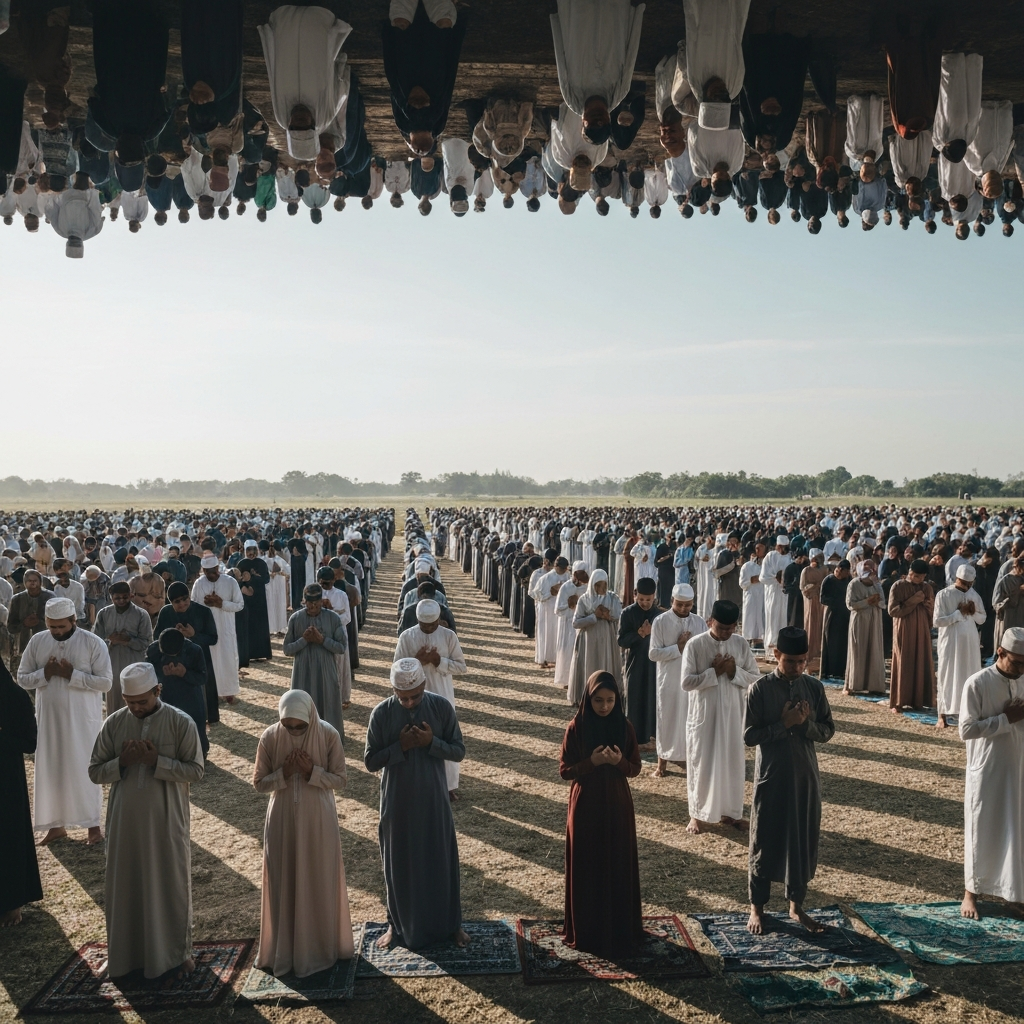 A wide shot of a large group of Muslims, men and women, lined up in rows praying during Eid prayer in a large, open field. The lighting is soft morning light, casting long shadows.