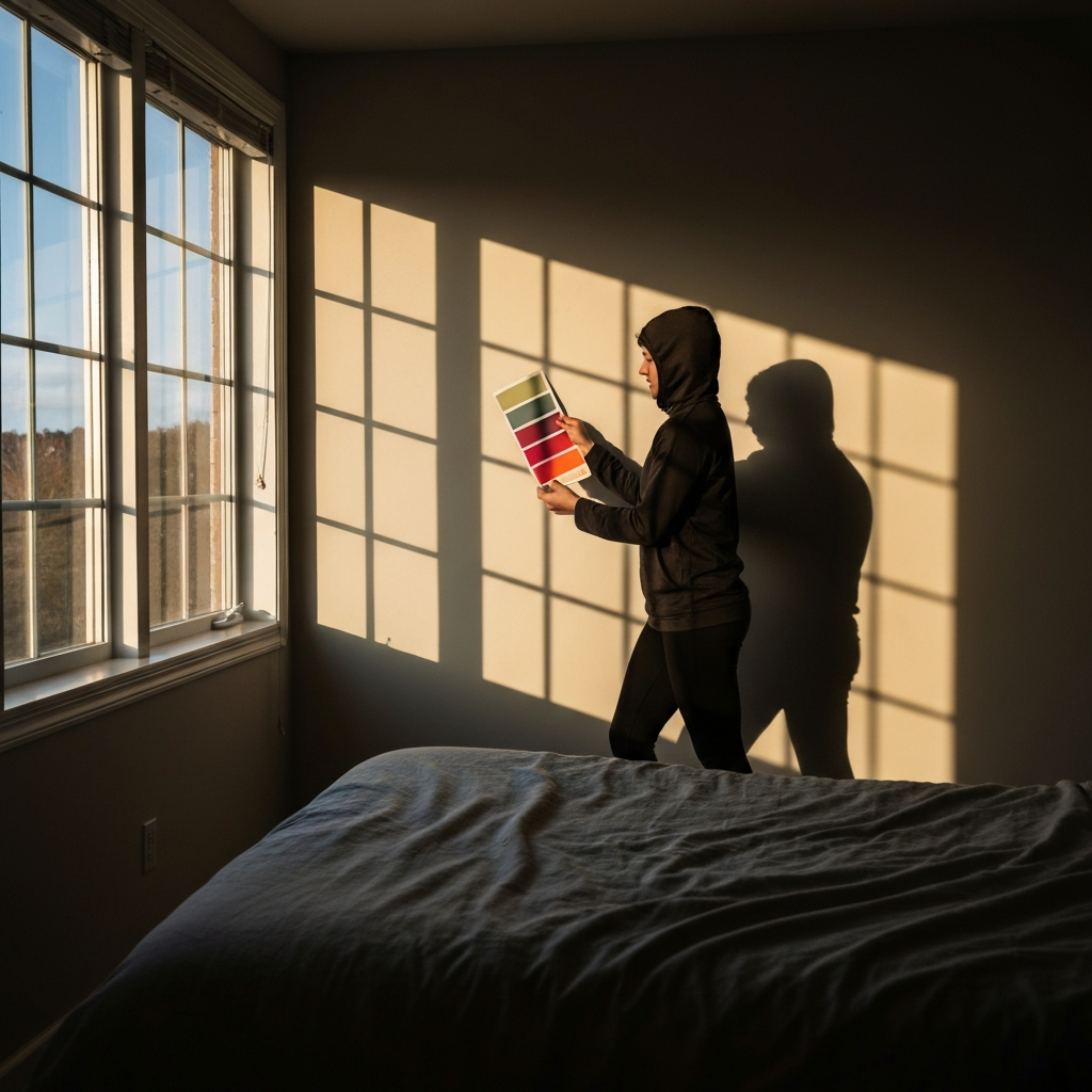 A person standing in a bedroom, holding up a paint swatch to the wall, bathed in natural light from a nearby window.