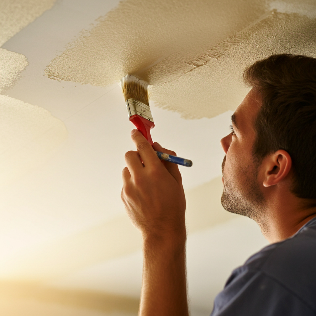 A painter carefully cutting in along a ceiling line with an angled brush, golden hour lighting highlighting the brushstrokes and paint texture.
