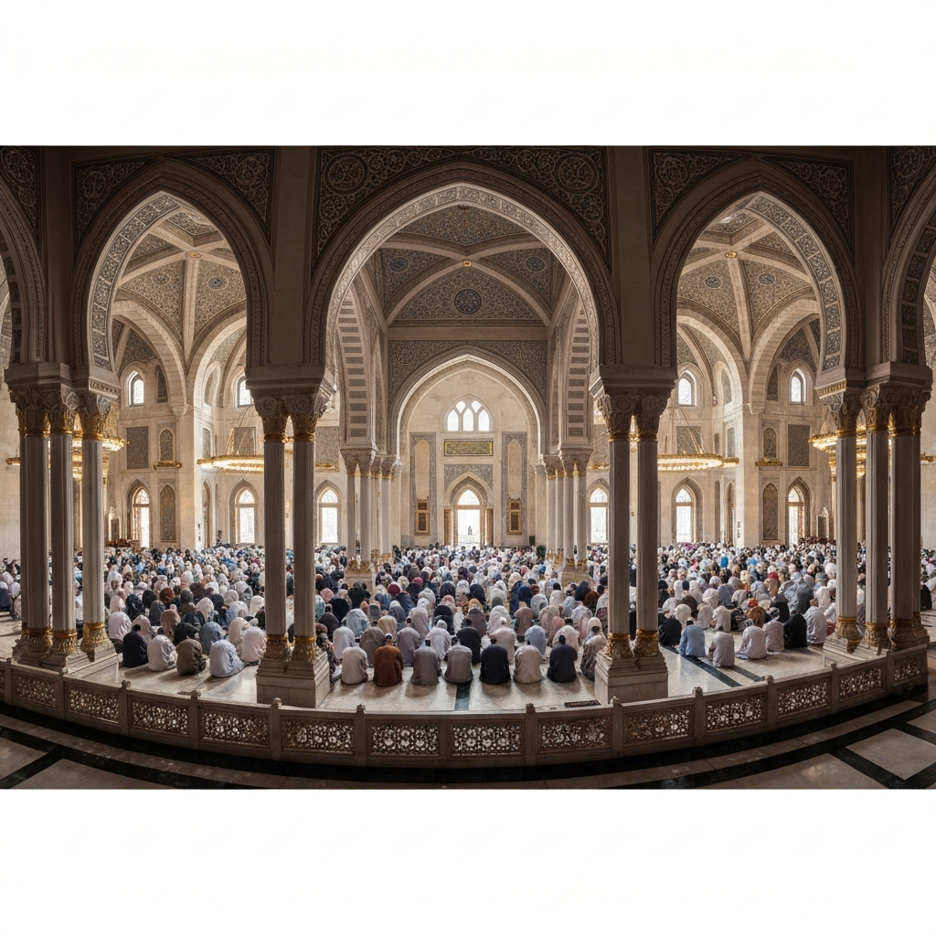 A panoramic shot of a large group of Muslims attending Eid prayer in a grand mosque. The architecture is ornate, and the atmosphere is one of reverence and unity. The light is balanced and highlights the details of the space.