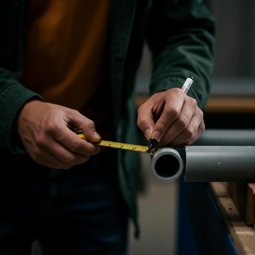 Close-up shot of a hand using a measuring tape to mark a PVC pipe with a marker, good lighting, focused depth of field.