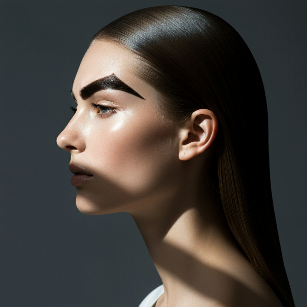 A woman with oval face and S-shaped eyebrows. The photo is side-lit, emphasizing the curve of the brows. She is wearing a neutral makeup look.
