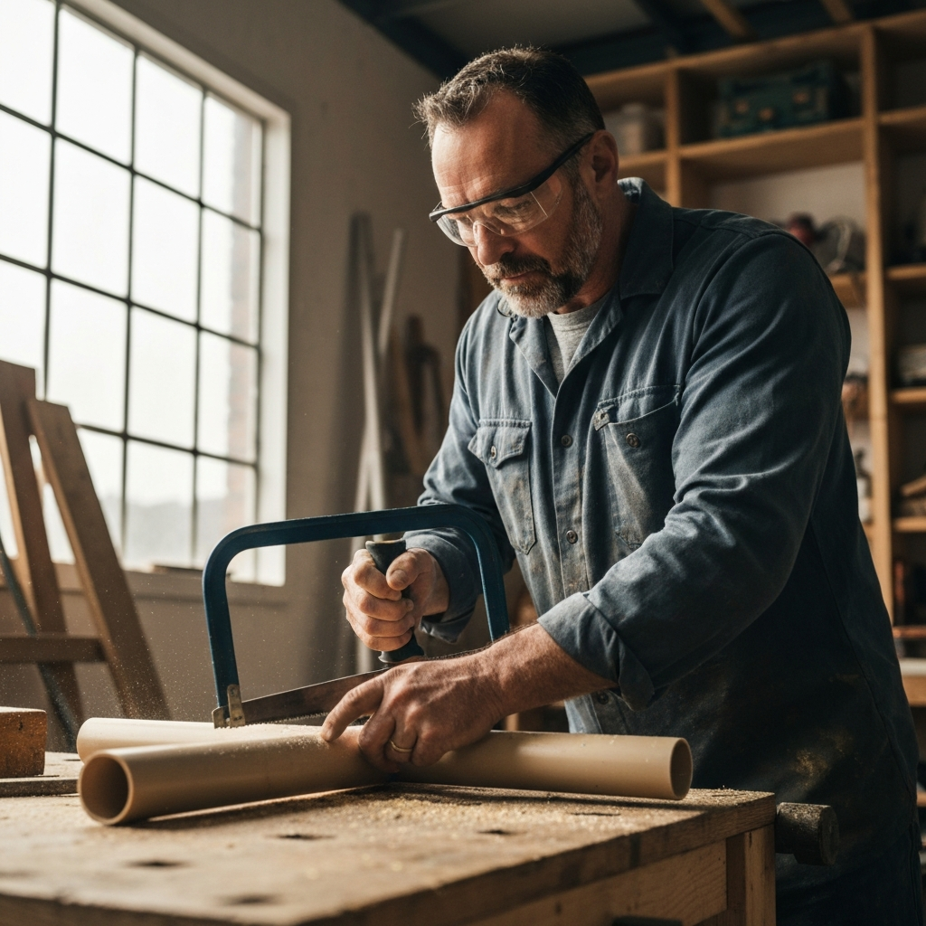 An individual in safety glasses using a hacksaw to cut a PVC pipe, workbench environment, side-lit for texture.